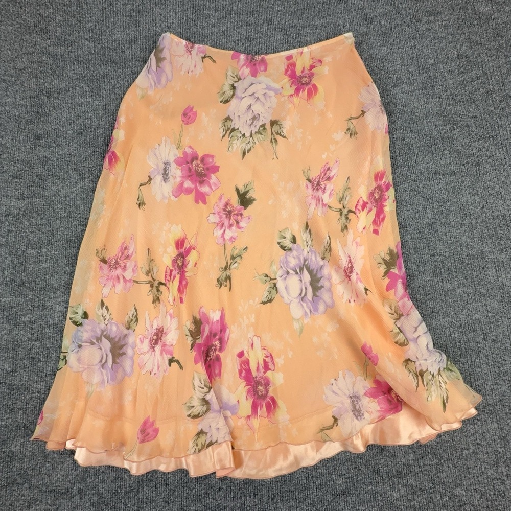 The Look Randolph Duke Skirt Womens 12 Orange Floral Silk Midi Ruffle Hem